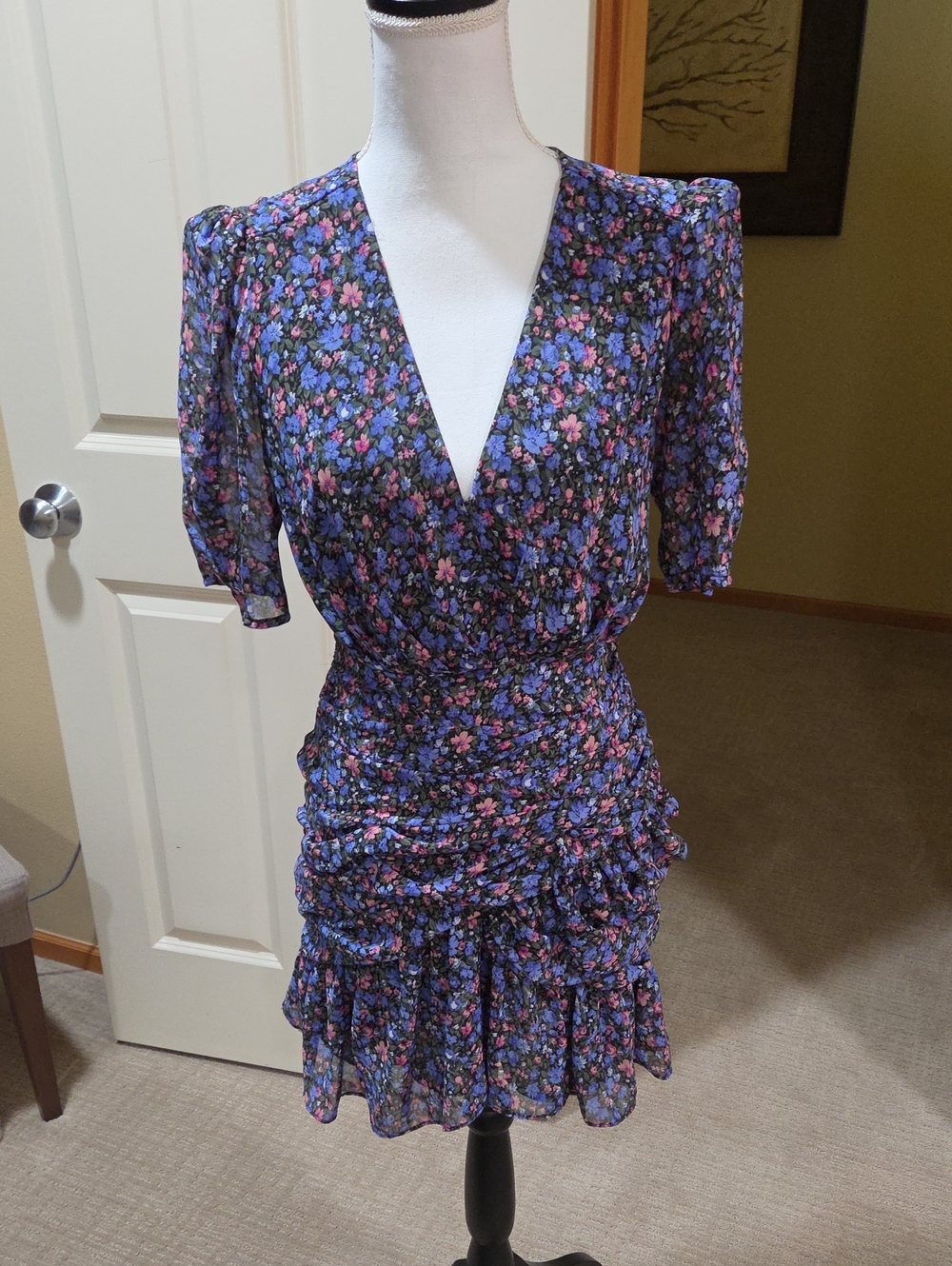 Astr Navy Floral V-Neck Ruffle Mini Dress with Pink Accents